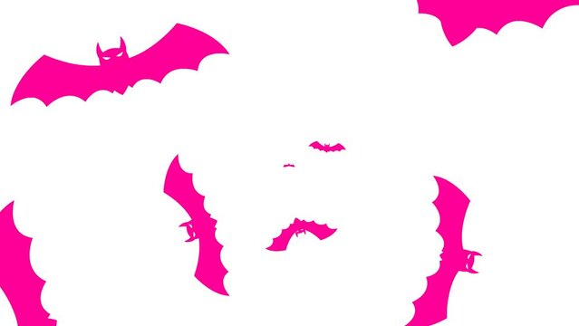 Animated magenta bats fly out from center of screen. Looped video. Concept of Halloween, Black Friday. Flat vector illustration isolated on a white background.