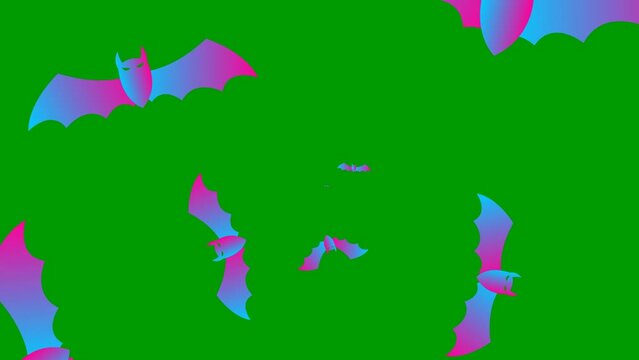 Animated pink blue bats fly out from the center of the screen. Looped video. Concept of Halloween, Black Friday. Flat vector illustration isolated on a green background.