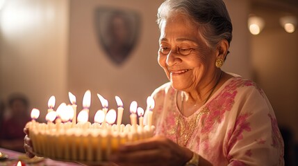 Indian Senior Woman Making a Birthday Wish and Blowing Out Candles. Generative AI
