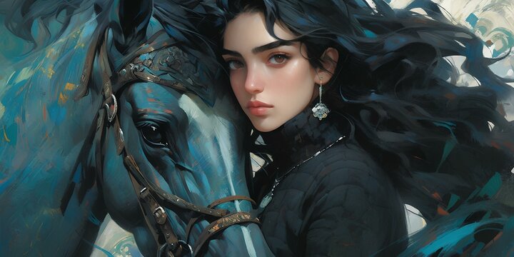 A Black Haired Beautiful Woman With Pale And Charming Face, Goth Girl Riding A Black Stalion Horse, In The Style Of Bold Curves Anime Or Game Character Design. Generative AI