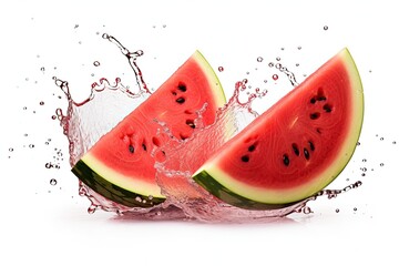 Tasty watermelon fruit with water splash isolated on white background. Fresh summer fruit. Generative AI