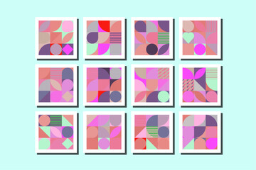 Set of Pink Geometric Shapes with white frame border canvas in Bahaus Art Style, isolated on white background.  Abstract pattern of pink shapes in 3x3. Vector Illustration.
