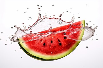 Tasty watermelon fruit with water splash isolated on white background. Fresh summer fruit. Generative AI