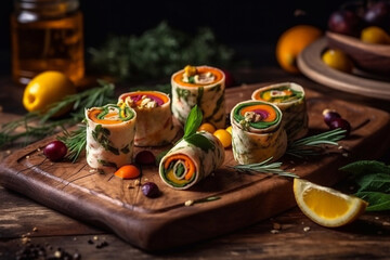 Lavash rolls with pickled vegetables and herbs. Generative AI.
