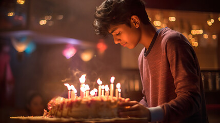 Indian Teenage Boy Making a Birthday Wish and Blowing Out Candles on Cake. Generative AI