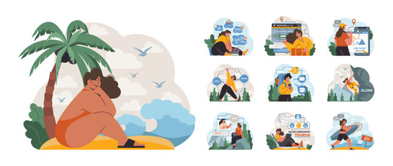 Solo travel, honeymoon set. Female character traveling alone.