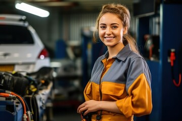 Fototapeta premium a professional young girl mechanic electric, generative ai