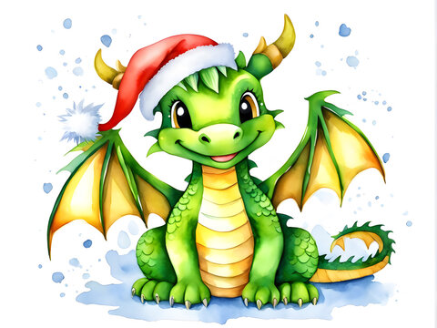 watercolor green dragon in santa hat - symbol of 2024 on a white background