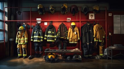 Crucial firefighting equipment, safety attire, well-organized presentation, first responders' uniform, readiness for action, protective clothing. Generated by AI. - obrazy, fototapety, plakaty