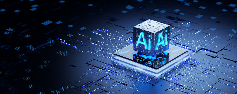 Artificial intelligence training. Training a neural network. Artificial intelligence concept. Neurochip. Neuro interface. Artificial intelligence microprocessor. 3D render.