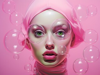 Portrait of a blonde girl with green eyes, on a magenta background, and bubbles