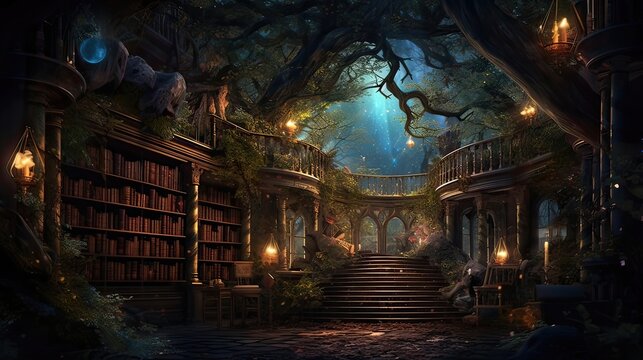 Within The Heart Of An Enchanted Forest Lies A Magical Library. Whispers Of Knowledge, Mystical Tomes, Hidden Sanctuary, Enchanted Reading, A Realm Of Enchantment. Generated By AI.