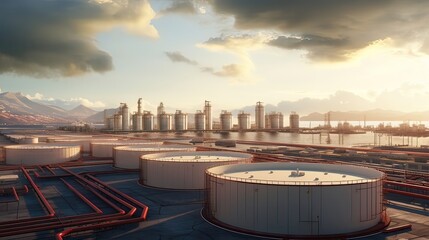 Industrial fuel storage, energy infrastructure, tank farm, petrochemical sector, storage capacity, industrial view. Generated by AI.