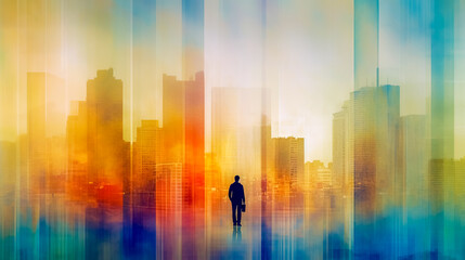 businessman with briefcase with blurred colorful city in background, art wallpaper for presentation