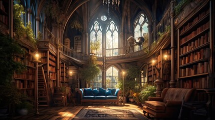 Historic library featuring rows of books and a welcoming. Antique volumes, bookshelves, reading corner, classic literary collection, comfortable seating, literary atmosphere. Generated by AI. - obrazy, fototapety, plakaty