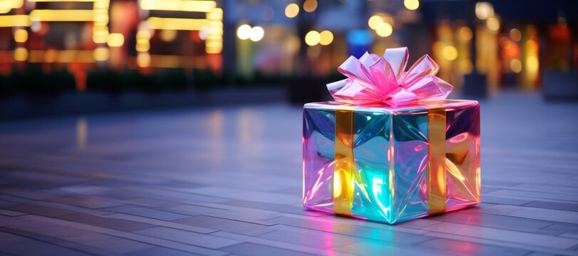 Abstract scene with plastic colorful christmas present on street. Unusual vibrant scene. Copy space.