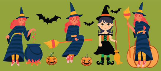 Witches Vector Set for Halloween, Cartoon Set Halloween Illustration with Bat and Pumpkin in Spooky Season