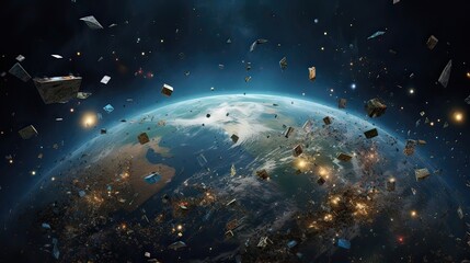 Space debris and satellites coexist in Earth's orbital realm. Orbital coexistence, satellite innovation, space debris awareness, Earth's orbital landscape. Generated by AI. - obrazy, fototapety, plakaty