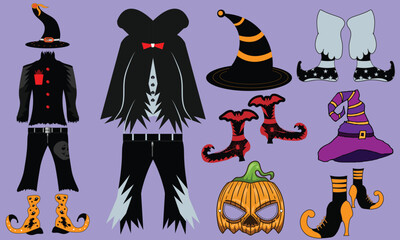 Halloween Costumes Set with Spooky Witch Hat and Scary Vest, Creepy Pumpkin Mask Vector with Halloween Wizard Shoes