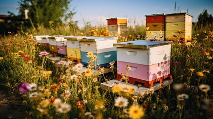 Naklejka premium Pollination, nature's harmony, beekeeping, colorful meadow, honey production, bee colonies, springtime beauty, floral abundance, ecological balance, buzzing life. Generated by AI.