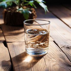 Filled glass of water on wooden background, ai technology