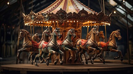Antique carousel. Vintage joy, carousel elegance, wooden horse magic, family entertainment, enduring charm. Generated by AI. - obrazy, fototapety, plakaty