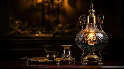 Fototapeta na wymiar Antique oil lamp adorned with an exquisite glass shade. Vintage warmth, ornate glass craftsmanship, historical elegance, soft radiance, timeless appeal. Generated by AI.