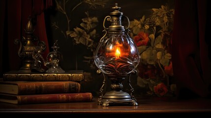 Antique oil lamp with an ornate glass shade. Vintage illumination, glass shade beauty, historical allure, warm ambiance, nostalgic sentiment. Generated by AI.