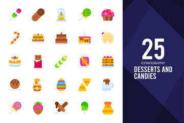 25 Desserts and Candies Flat icons pack. vector illustration.