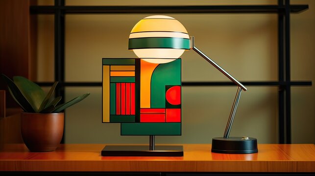 Art deco-inspired desk lamp that combines geometric precision. Modern design, geometric precision, bold color scheme, artistic innovation, avant-garde sophistication. Generated by AI.