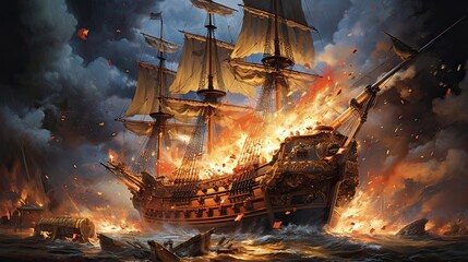 Maritime jubilation, explosive revelry, seafaring triumph, booming cannons, victorious corsairs, swashbuckling elation, maritime conquest. Generated by AI.