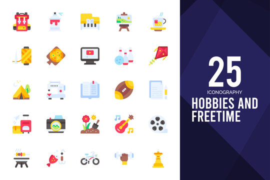 25 Hobbies and Freetime Flat icons pack. vector illustration.