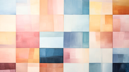 He overlaps pastel colored blocks to create a vibrant painting.