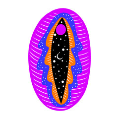 abstract image of a vagina. outer space, planets, moon and stars. snake tempter and plant herbs. printing on fabric and paper. radical feminism. vector