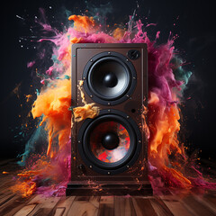 Powerful music concept. Musical speaker in multi-colored smoke. AI generation..