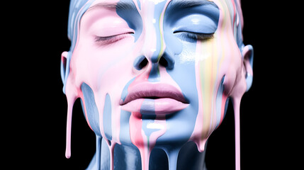 A model's face is artfully adorned with vibrant paint dripping down their cheeks.