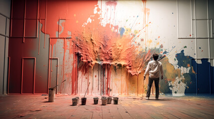 He throws paint against the wall with wild abandon, creating vibrant splashes of color. - obrazy, fototapety, plakaty