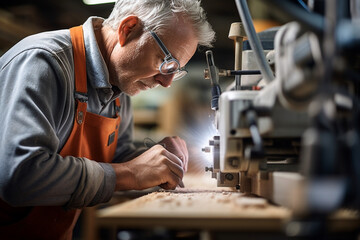 A senior man in his 60s wearing safety goggles, working in a shutter factory, He is using customized machinery for drilling joints into wood,