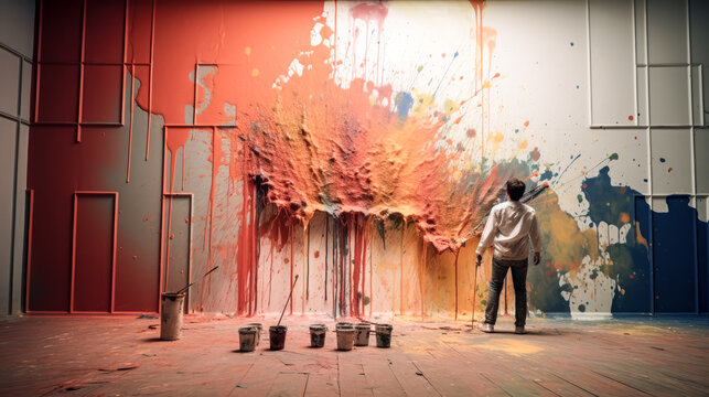 He throws paint against the wall with wild abandon, creating vibrant splashes of color.