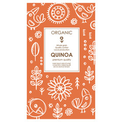 QUINOA PACKAGING Groats Abstract Nature Modern Vector Template With White Birds And Plants On Orange Color Background Organic Design With Hand Drawn Sketch