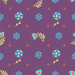 SIMPLE FLOWER MEADOW Hand Drawn Flat Style Floral Holiday Cartoon Seamless Pattern Modern Vector Illustration Sketch On Violet Background For Textile Print