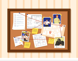 Fototapeta na wymiar Evidence board concept. Photos and documents on board tied with red threads. Search for criminal and criminal investigation. Detective office interior. Cartoon flat vector illustration