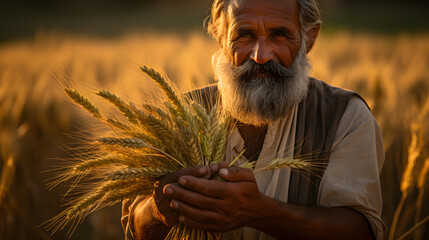 Indian farmer holding crop plant in his Wheat field
