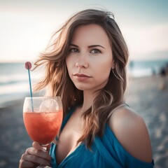 Young girl in a blue dress drinking a cocktail on the beach