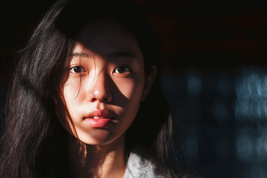 A portrait of a young Asian woman while half of her face is lit by the sun and the other half is in the shadow
