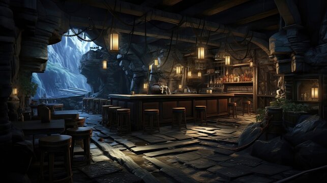 Tavern filled with pirates, their voices animated as they tell tales of sea monsters and perilous adventures on the high seas. Swashbuckling narratives, maritime legends. Generated by AI.
