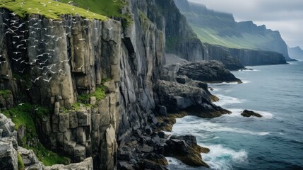 beautiful arctic coastal cliffs illustration travel tourism, summer birdwatching, cliff fjord...