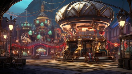 Obraz premium Steampunk-inspired wonder with retro-futuristic rides. Steampunk magic, vintage futurism, brass and steam, time-honored innovation. Generated by AI.