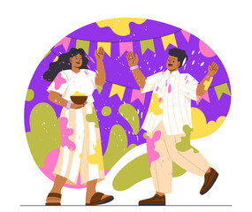 People at holi festival concept. Man and woman in splashes of paintings at clothes. Traditional international holiday. Positivity and optimism. Poster or banner. Cartoon flat vector illustration