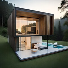 simple modern house with forest view generative Ai